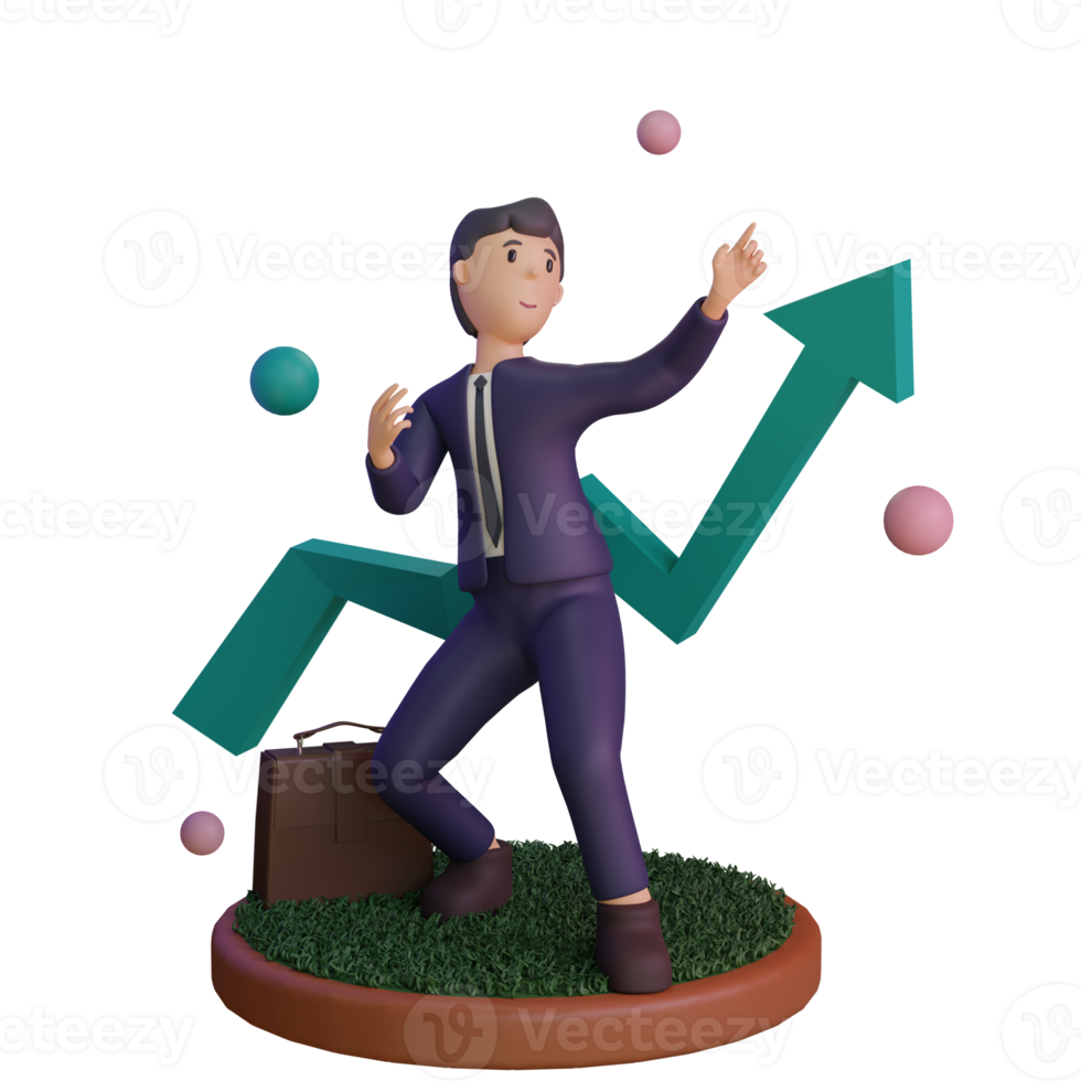 personnage avec statistique vers le haut, illustration 3d png