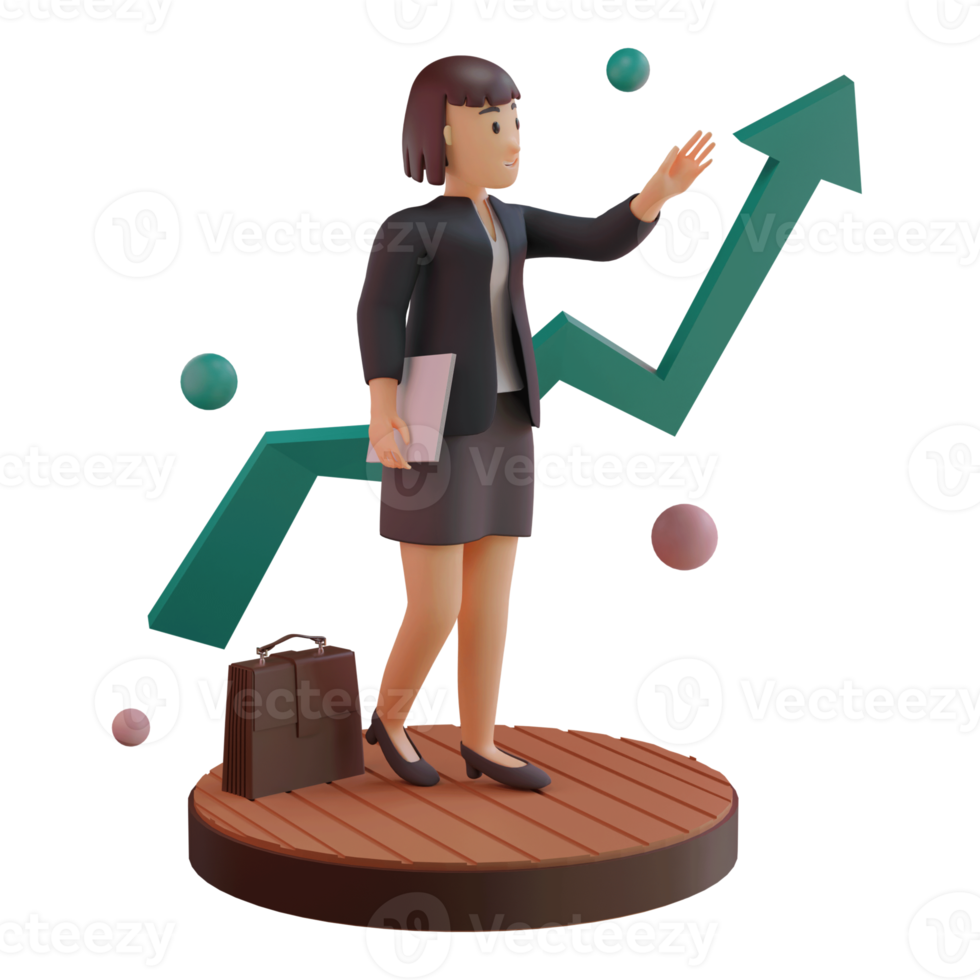 vrouwelijk personage met statistiek omhoog, 3d illustratie png