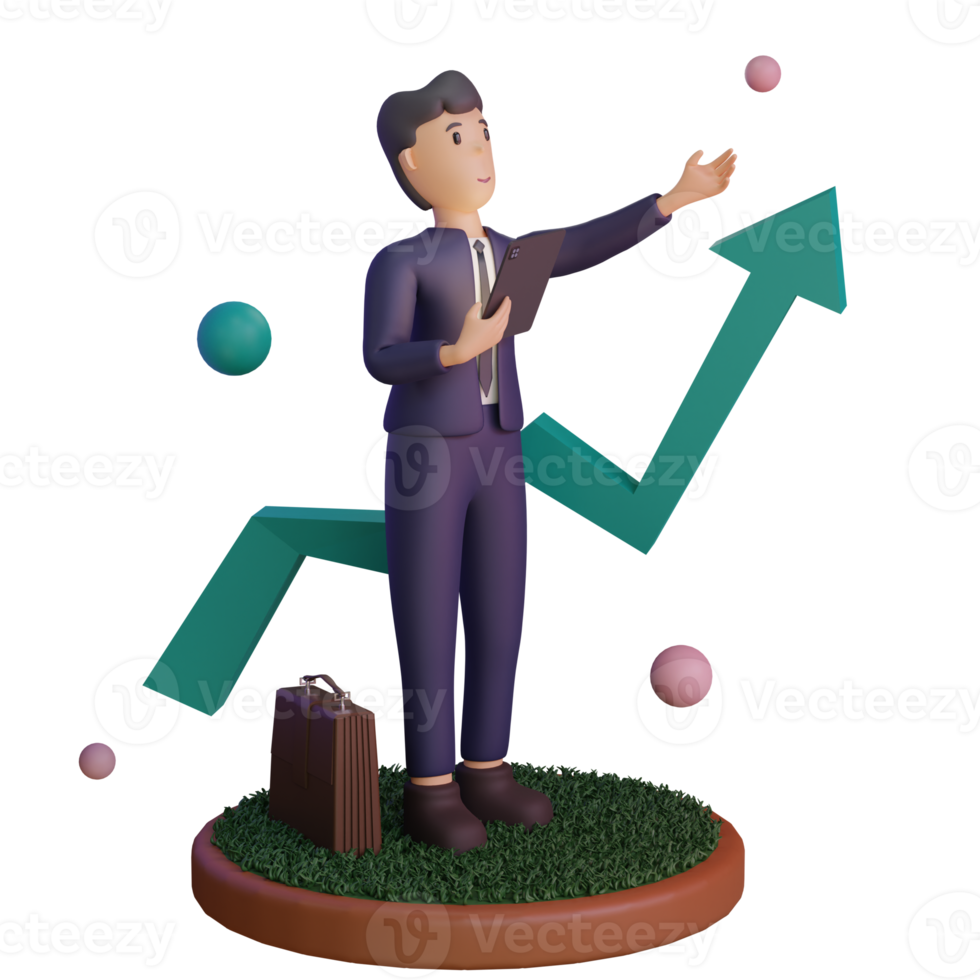 personaggio con statistica in alto, illustrazione 3d png