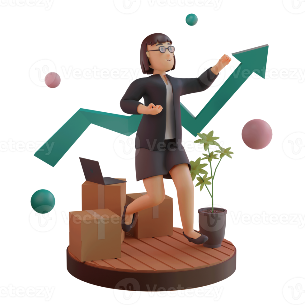 vrouwelijk personage met statistiek omhoog, 3d illustratie png