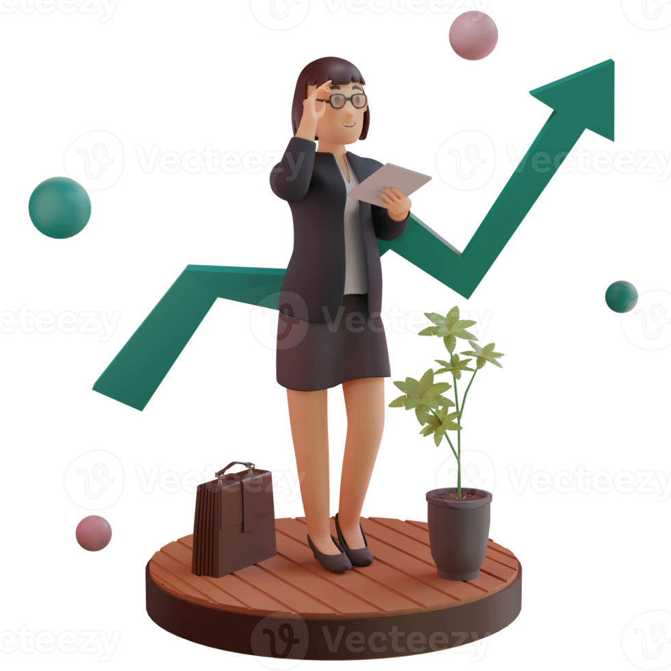 vrouwelijk personage met statistiek omhoog, 3d illustratie png