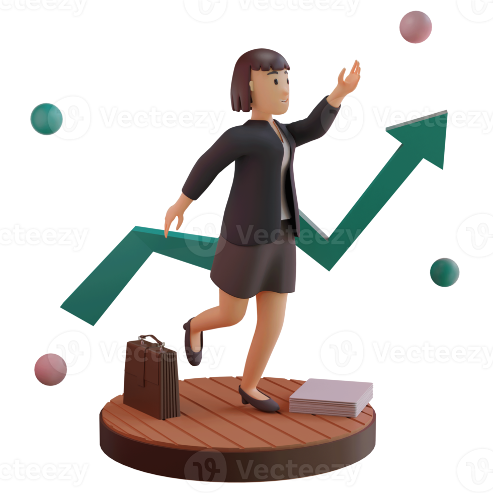 vrouwelijk personage met statistiek omhoog, 3d illustratie png