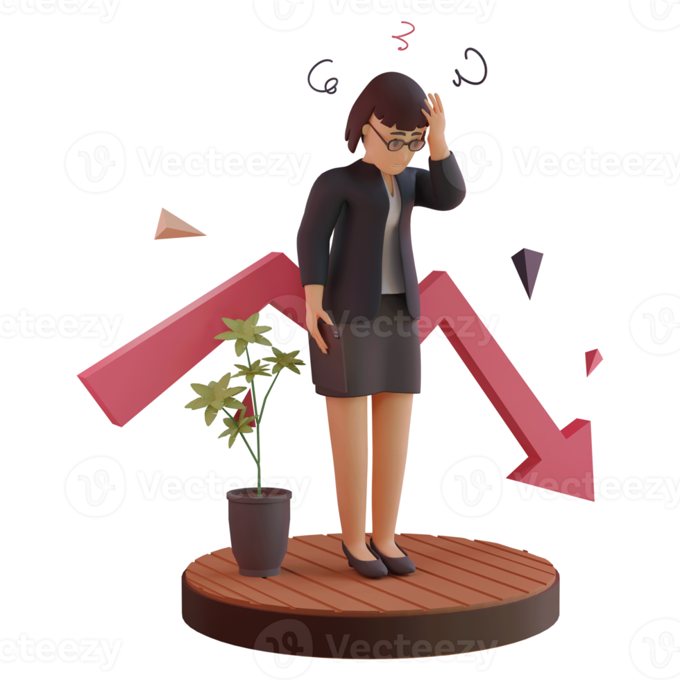 Female character with statistic down, 3d Illustration png