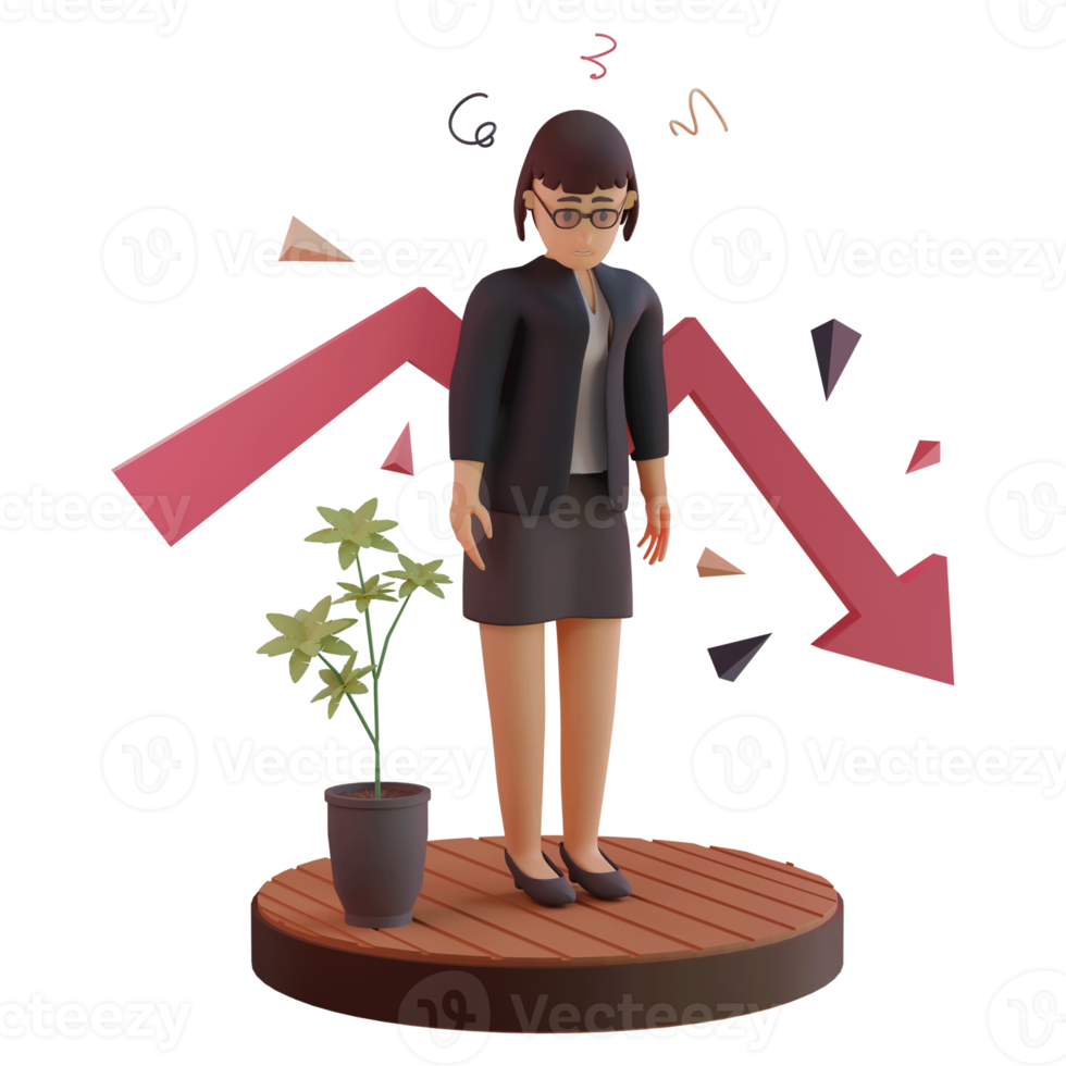 Female character with statistic down, 3d Illustration png