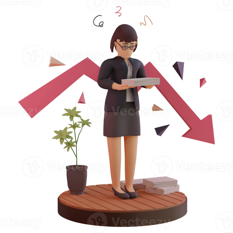 Female character with statistic down, 3d Illustration png