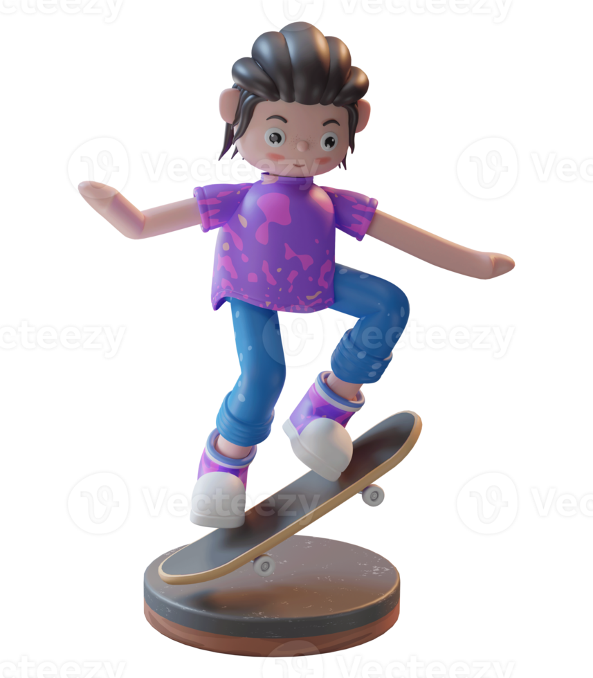 Ilustração 3d, personagem jogando skate com um pódio, usado para web, app, infográfico, etc png