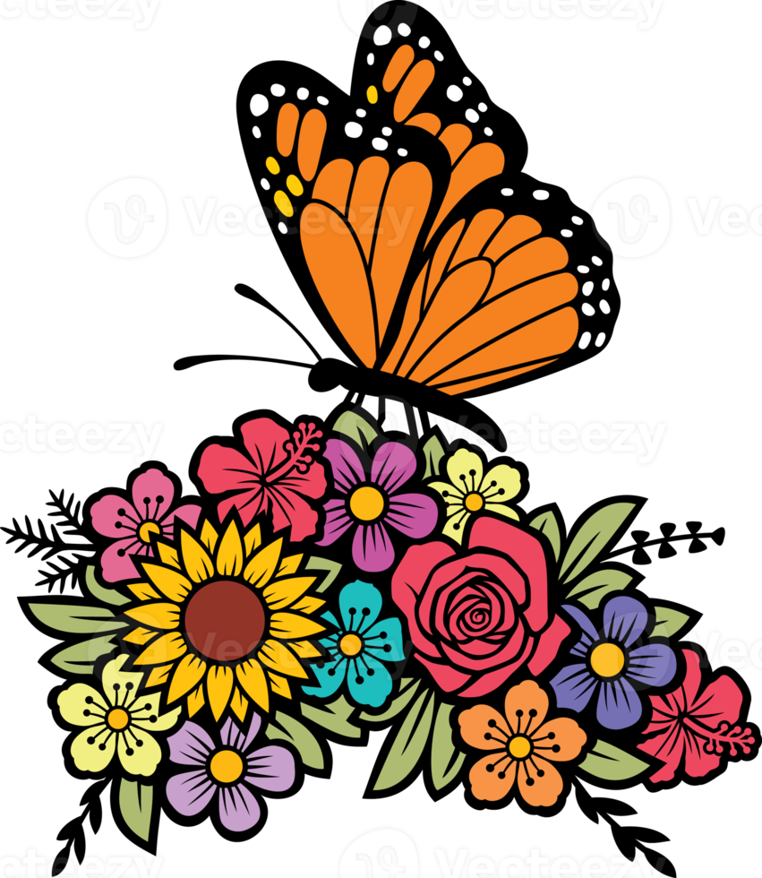 Butterfly and flowers color png illustration