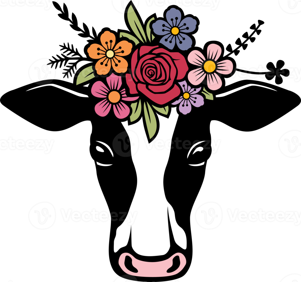 cabeza de vaca con flores color png