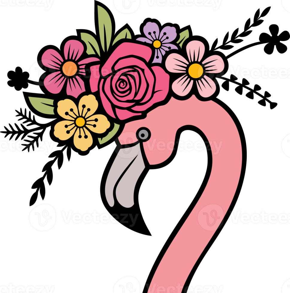 Flamingo head with flowers color png illustration