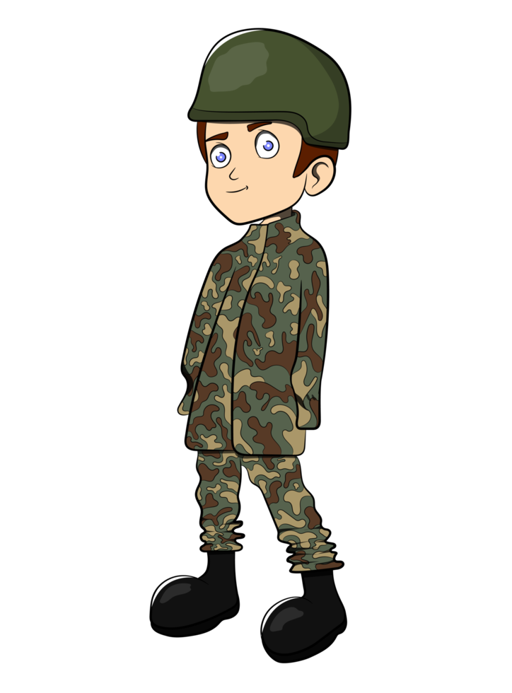 personagem de desenho animado de menino militar do exército usando capacete de uniforme png