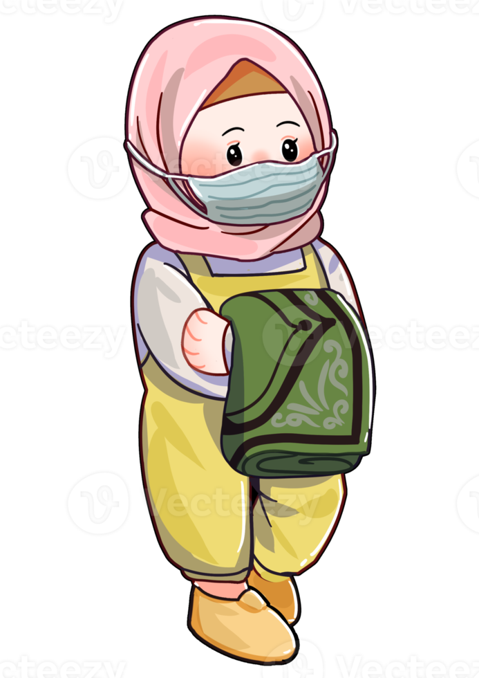 personagem hijab caminha com ilustração de máscara png