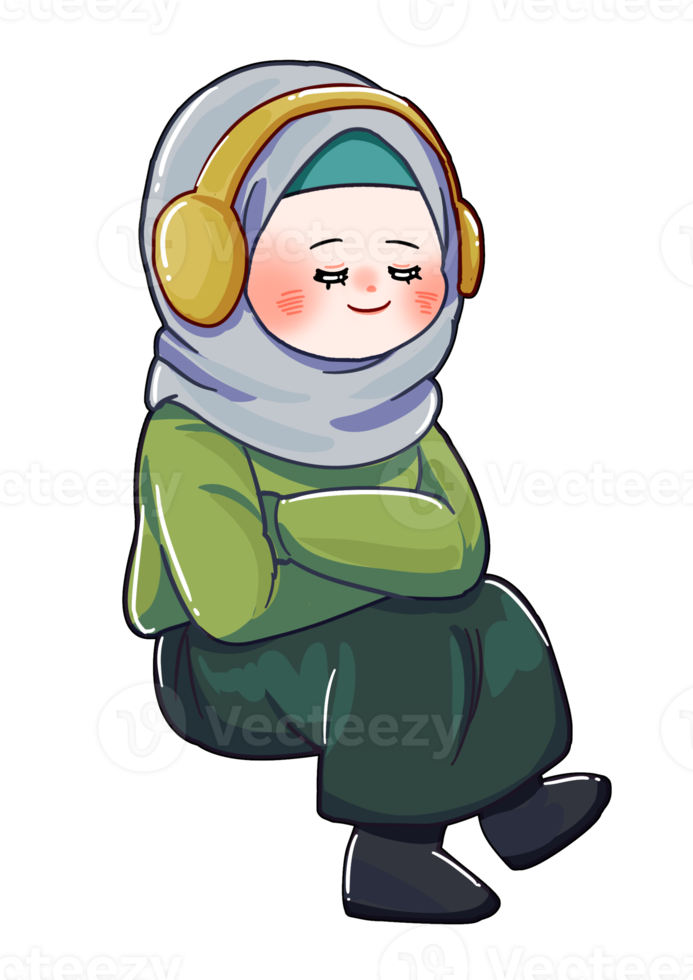 Hijab Character Listening Music Illustration png