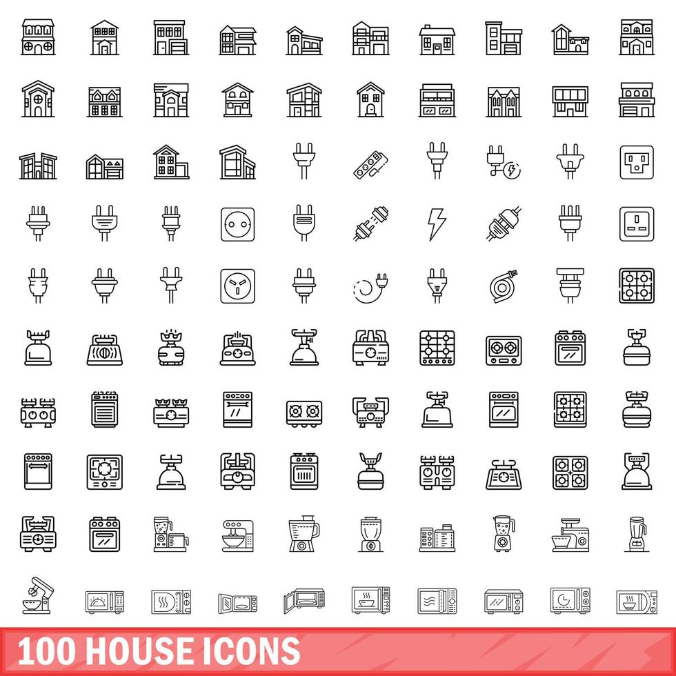 100 house icons set, outline style vector