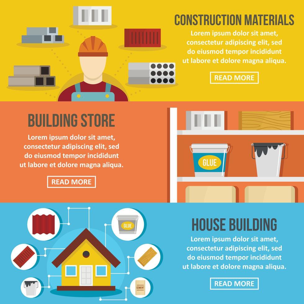Building store banner horizontal set, flat style vector