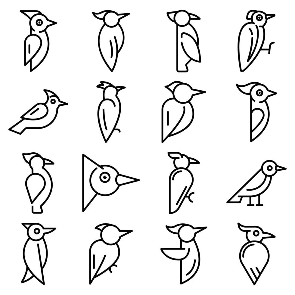 conjunto de iconos de pájaro carpintero, estilo de esquema vector