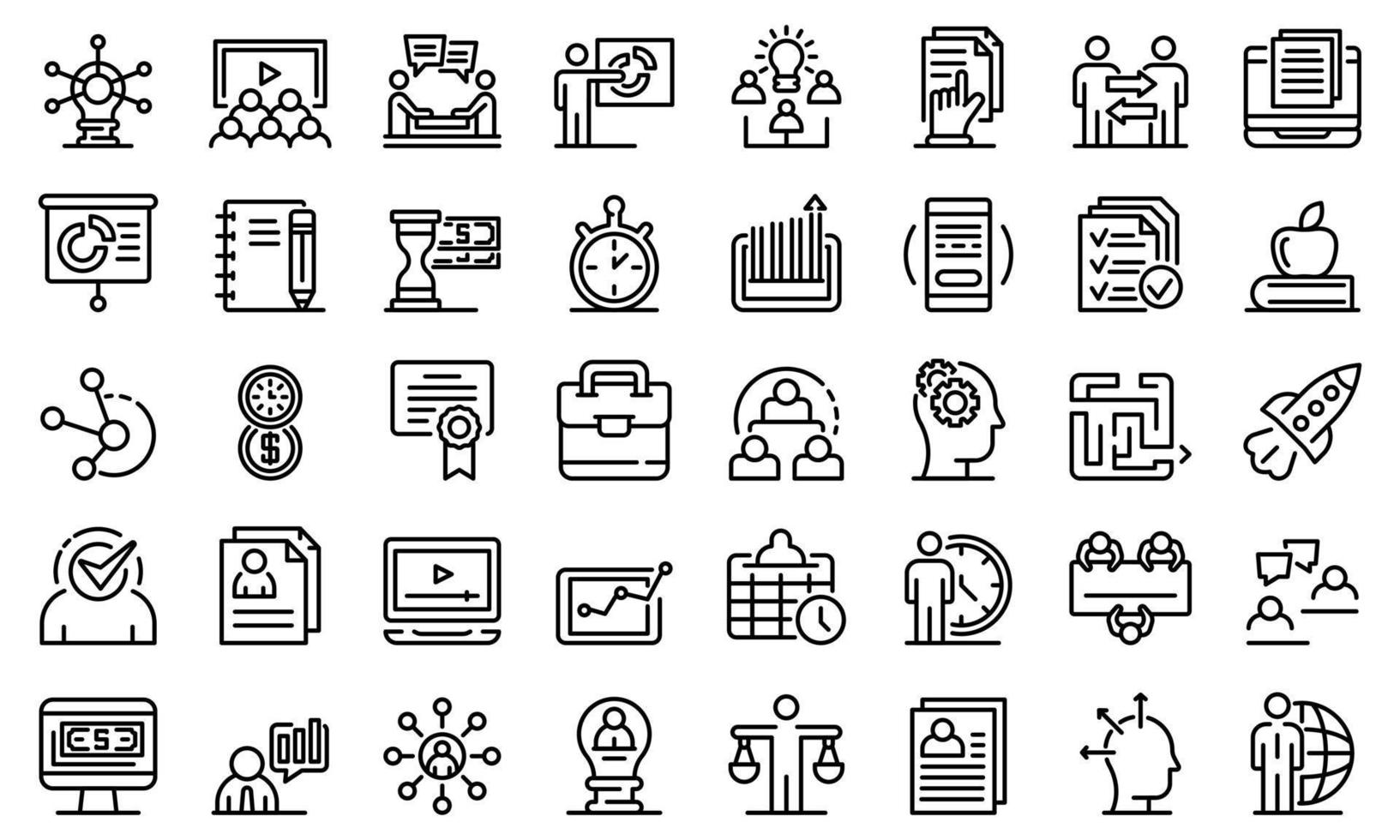 Business training icons set, outline style vector