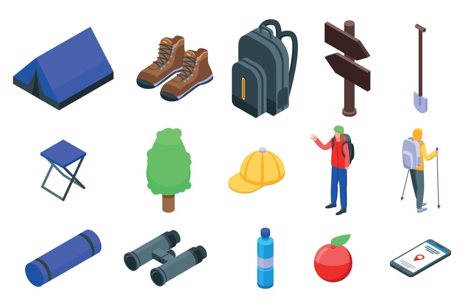 Hiking icons set, isometric style vector