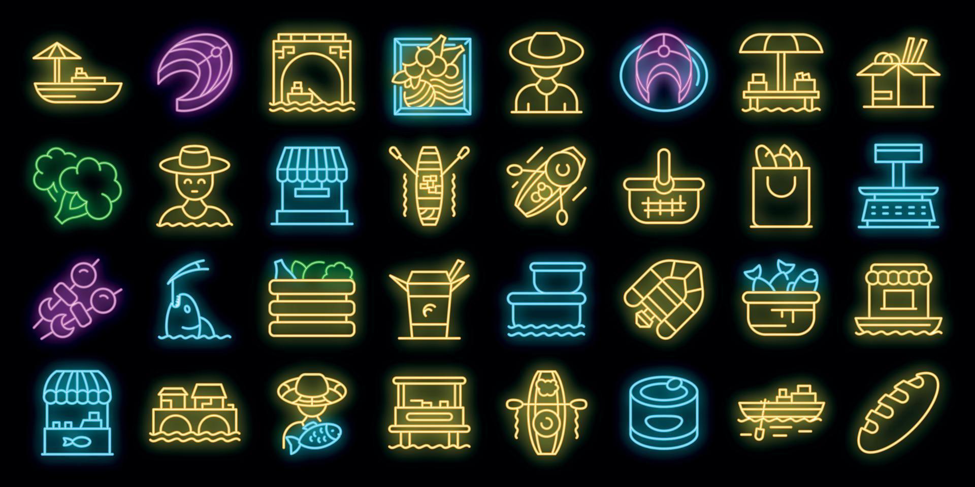 Floating market icons set vector neon