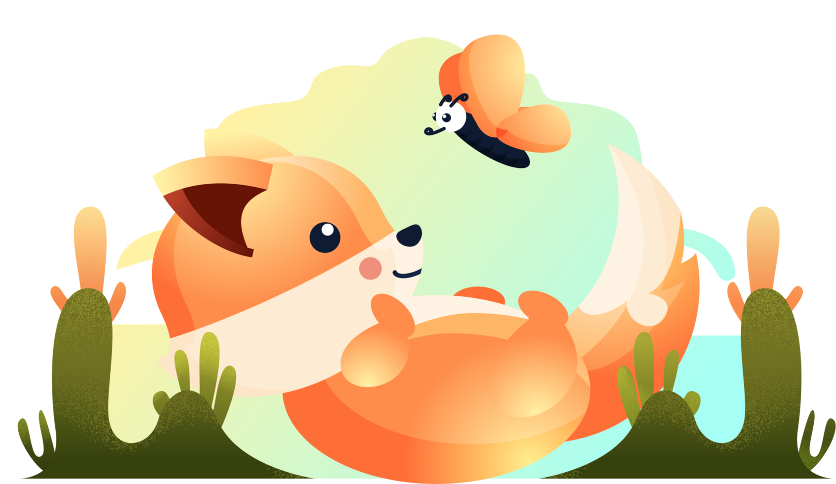 cute fox character illustration playing with butterfly png