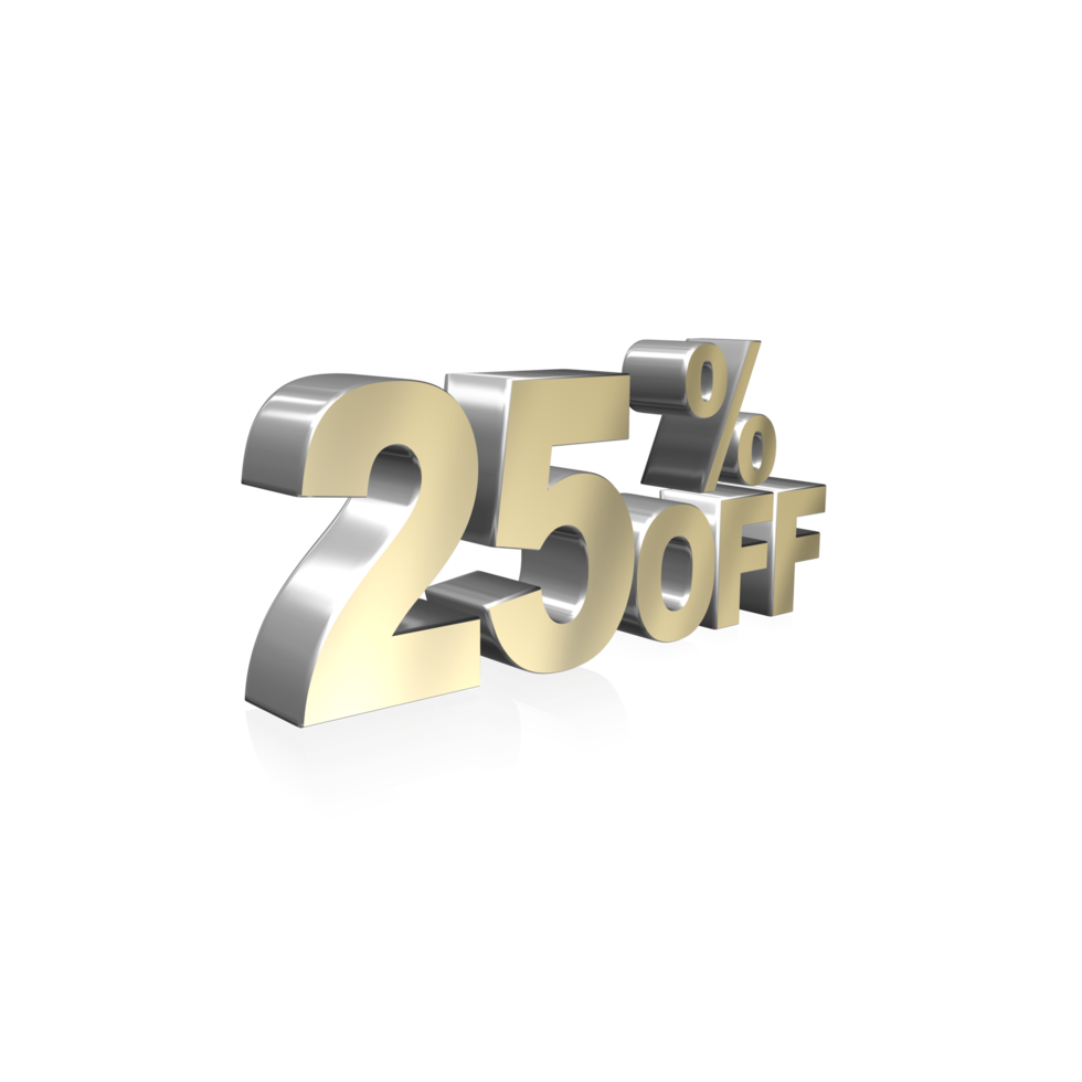 25 per cento di sconto sulla vendita. illustrazione di testo 3d metallico lucido png