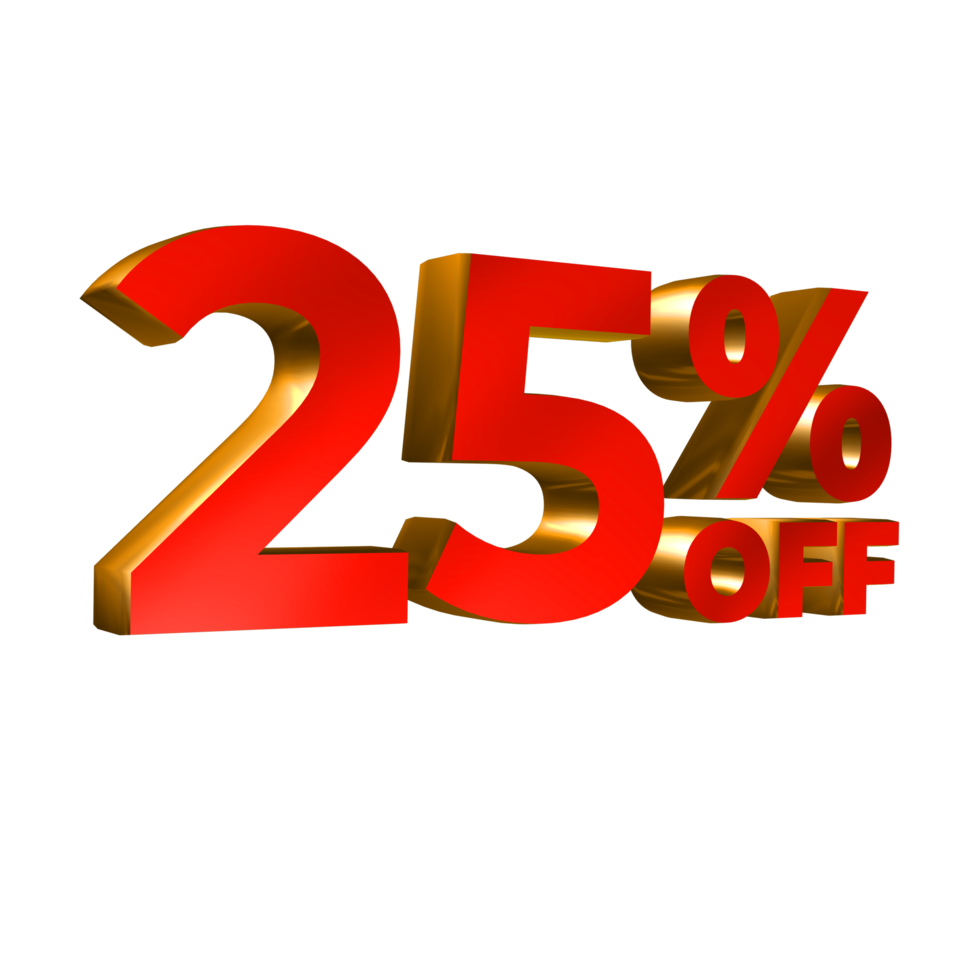 25 Percent Off 3D Shiny Gold and Red Text Illustration png