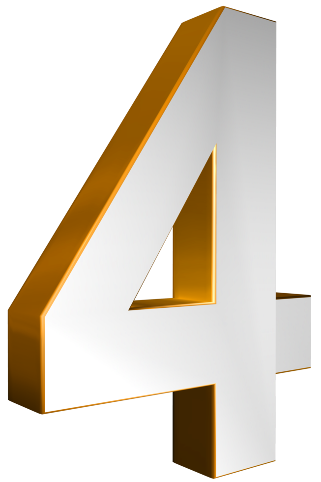 Number Four 3D Render Gold and White Text png