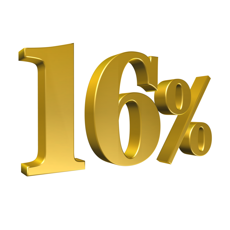 16 Percent Gold Number Sixteen 3D Rendering png