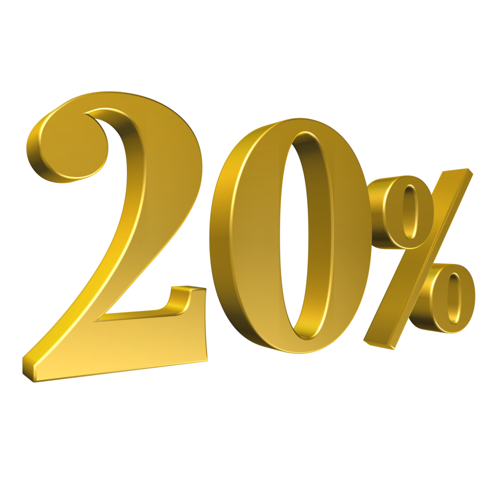 20 Percent Gold Number Twenty 3D Rendering png