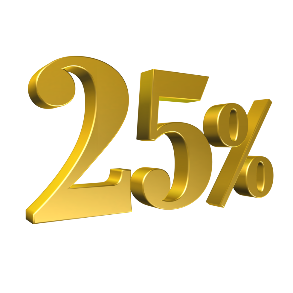 25 Percent Gold Number Twenty Five 3D Rendering png