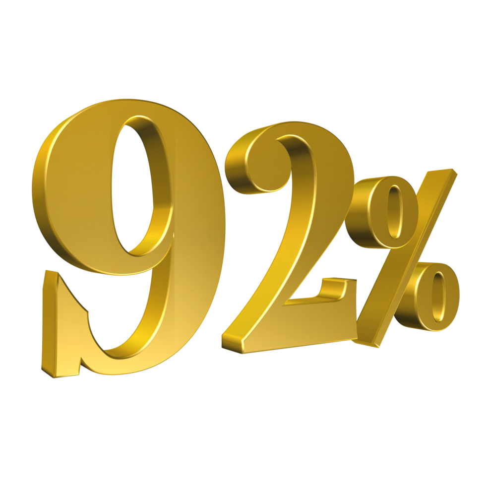 92 pour cent d'or numéro quatre-vingt-douze rendu 3d png