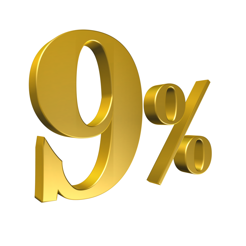 9 Percent Gold Number Nine 3D Rendering png