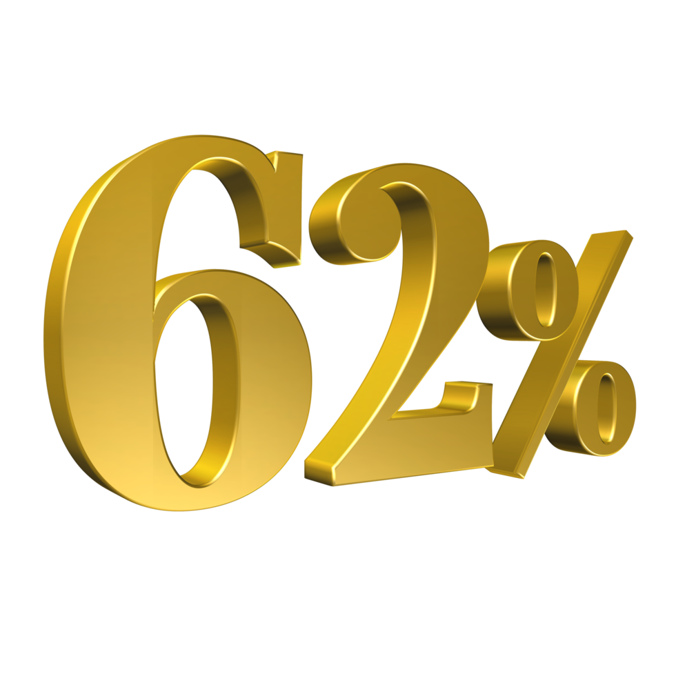 62 Percent Gold Number Sixty Two 3D Rendering png