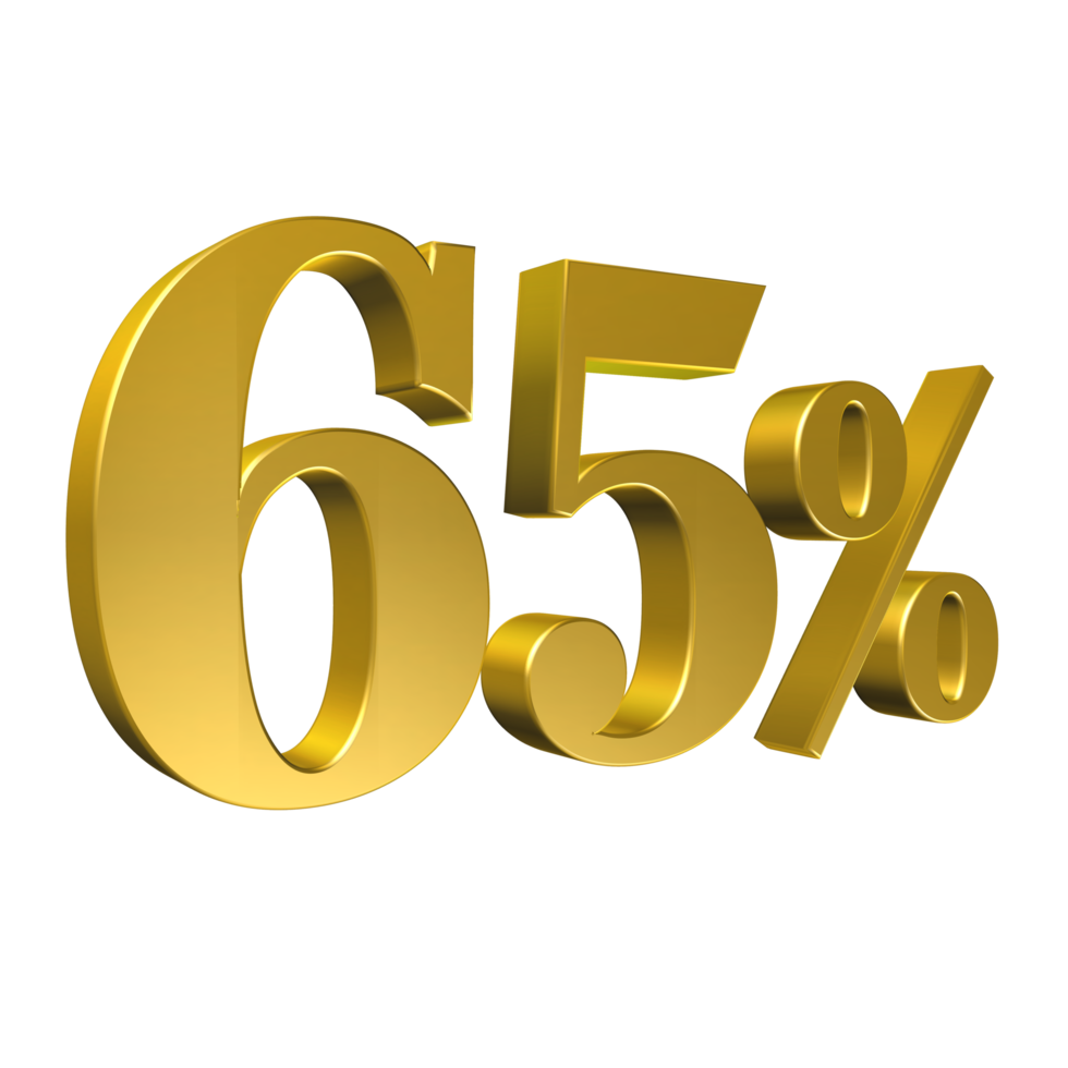 65 Percent Gold Number Sixty Five 3D Rendering png