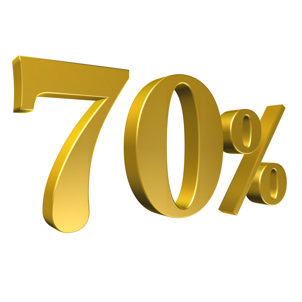 70 Percent Gold Number Seventy 3D Rendering png