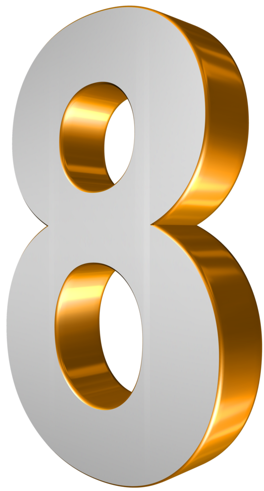 Number Eight 3D Render Gold and White Text. png