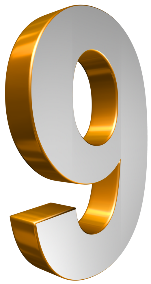 Number Nine 3D Render Gold and White Text png