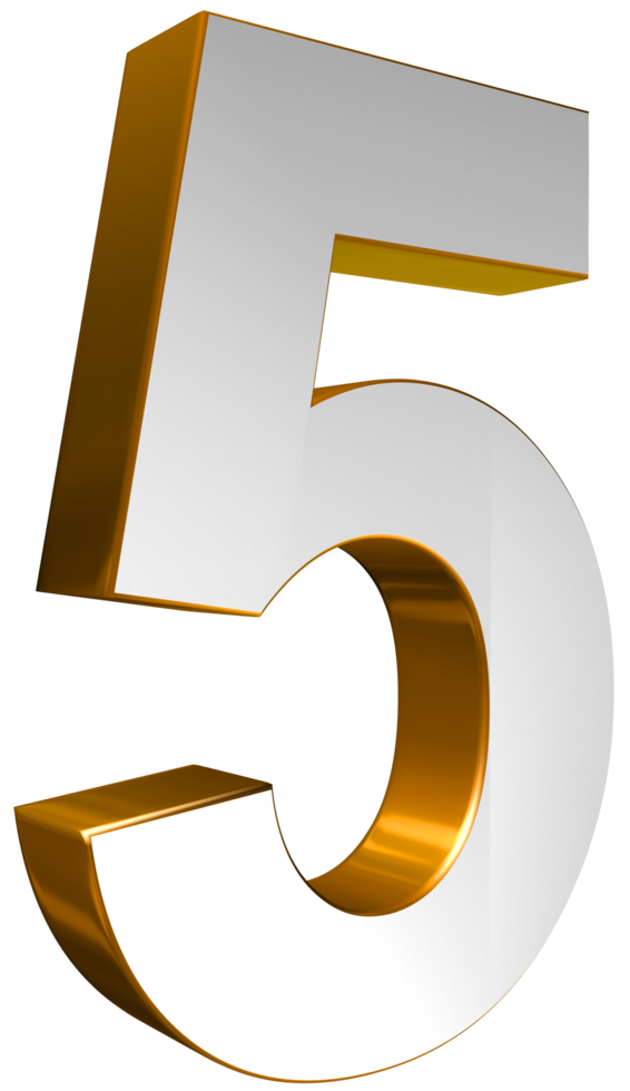 Number Five 3D Render Gold and White Text png