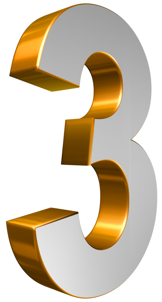 Number Three 3D Render Gold and White Text png