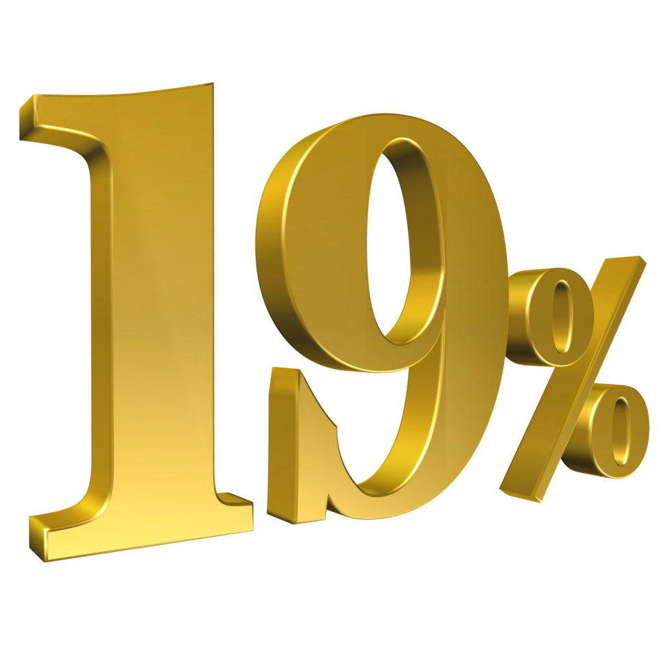 19 Percent Gold Number Nineteen 3D Rendering png