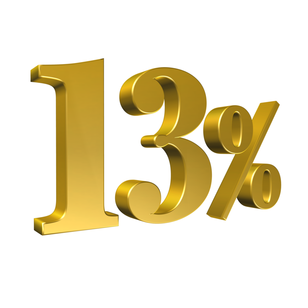 13 Percent Gold Number Thirteen 3D Rendering png