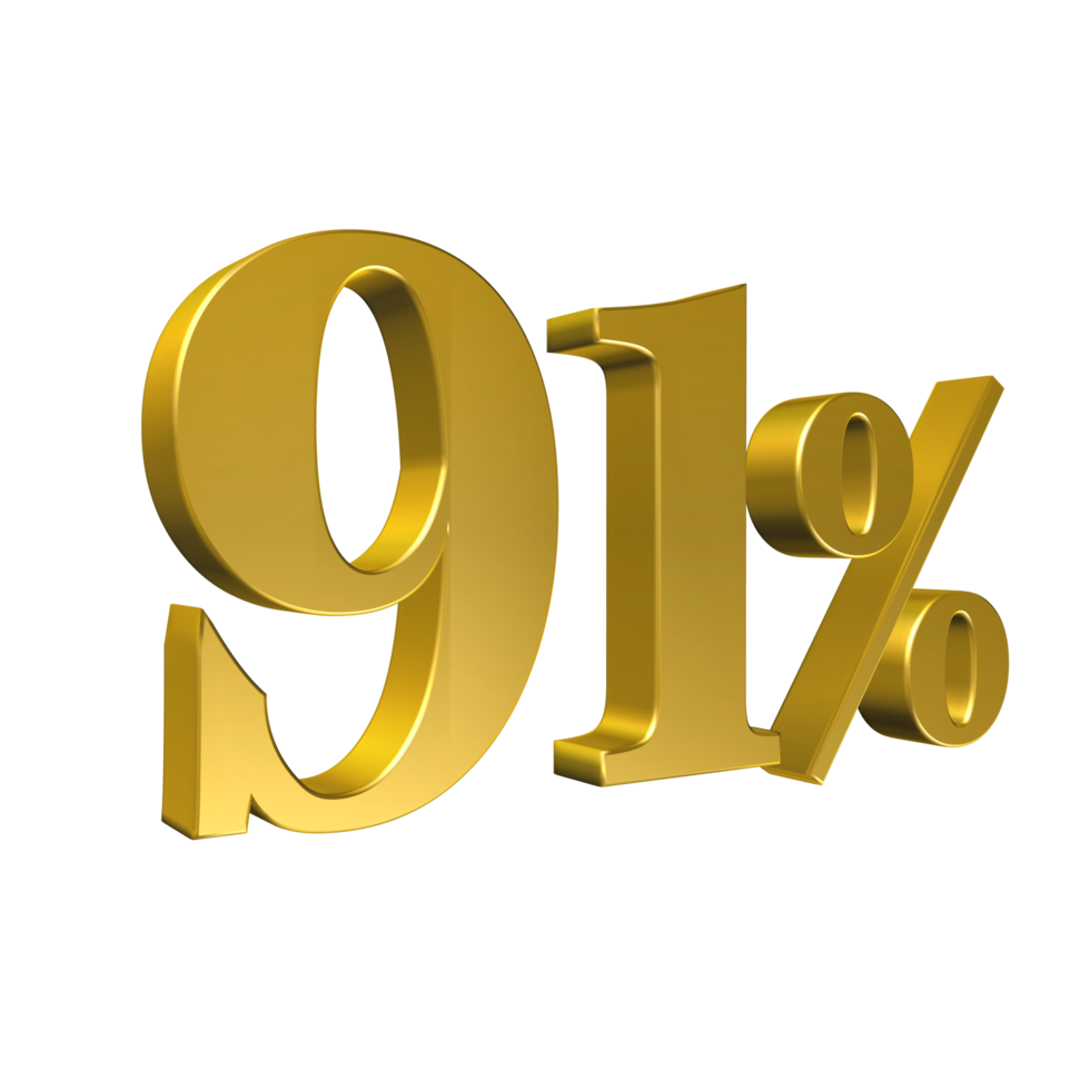 91 Percent Gold Number Ninety One 3D Rendering png