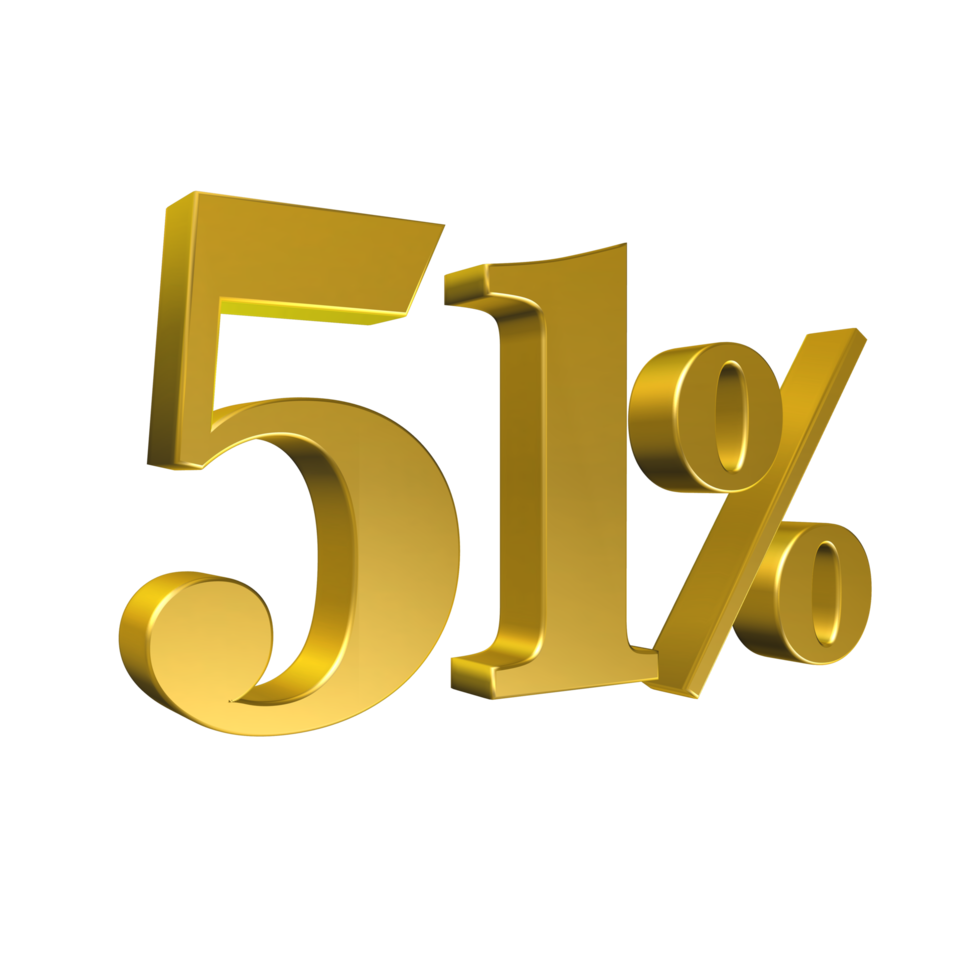 51 Percent Gold Number Fifty One 3D Rendering png