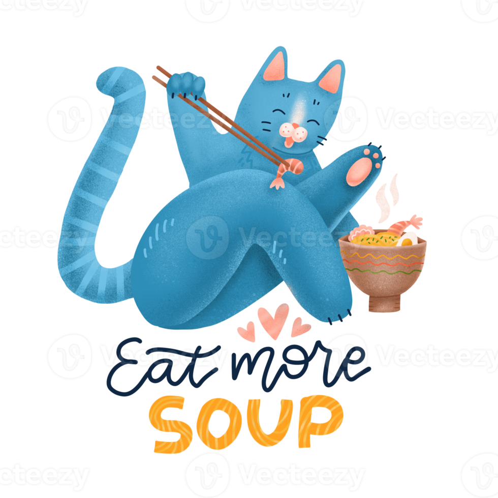 gato comiendo fideos ramen. personaje de dibujos animados de la mascota del logo del gatito. concepto de impresión animal aislado en ilustración texturizada blanca con cita de letras comer más sopa para página web, pancarta, pegatina, tarjeta png