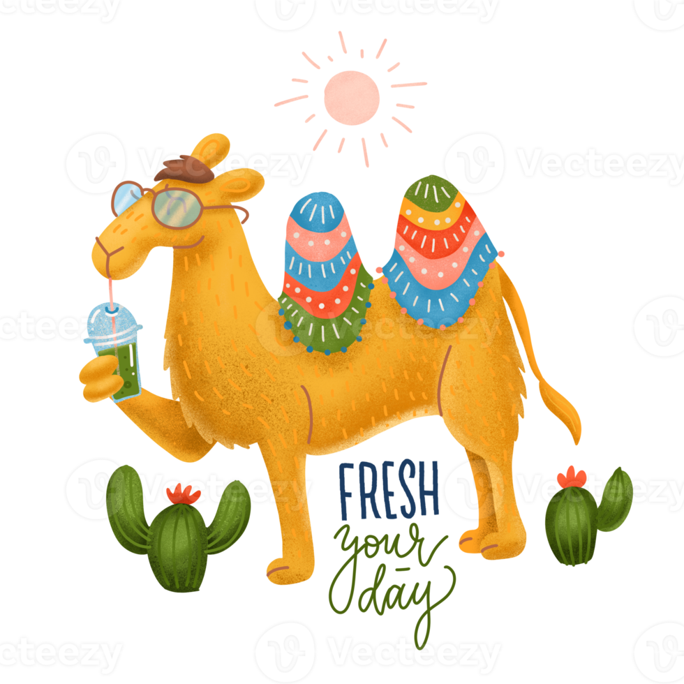 Adorable Camel in a glasses with a Plastic Cup of Smoothie. Humor card, t-shirt composition, hand drawn textured volume style print. illustration with lettering quote Fress your day png