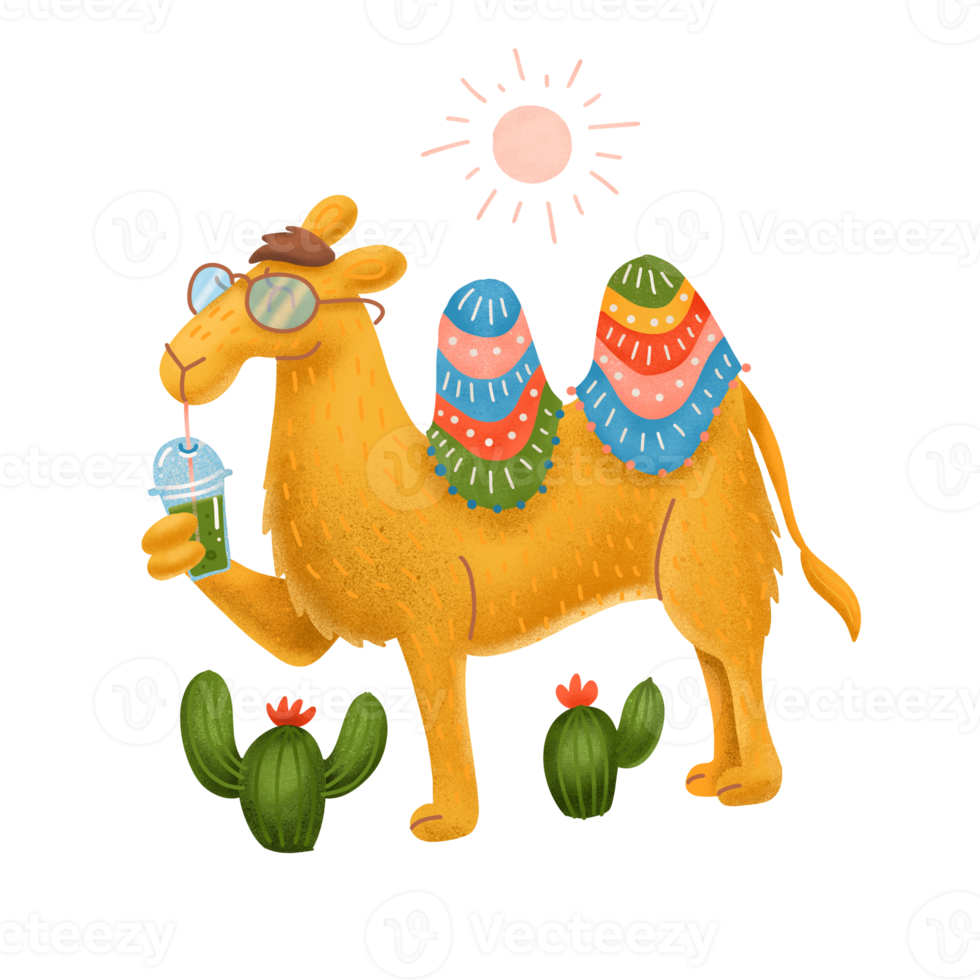 A cute camel character drink a glass of smoothie in desert. Hot summer concept. Volume hand drawn illustration. png