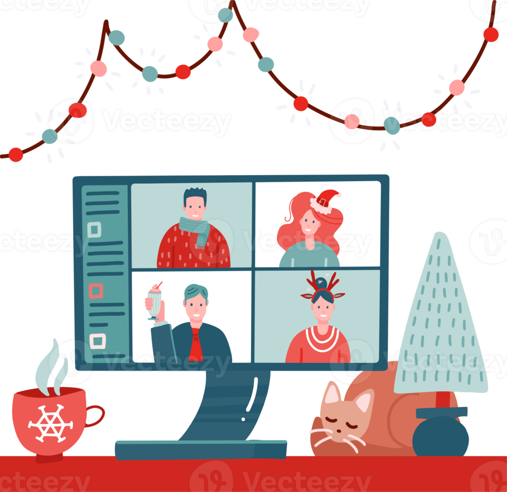 conceito de videoconferência, comunicação na web. reunião de equipe on-line. homem sorridente, as mulheres trabalham remotamente e têm uma discussão virtual de natal. estilo cartoon ilustração plana isolada. png