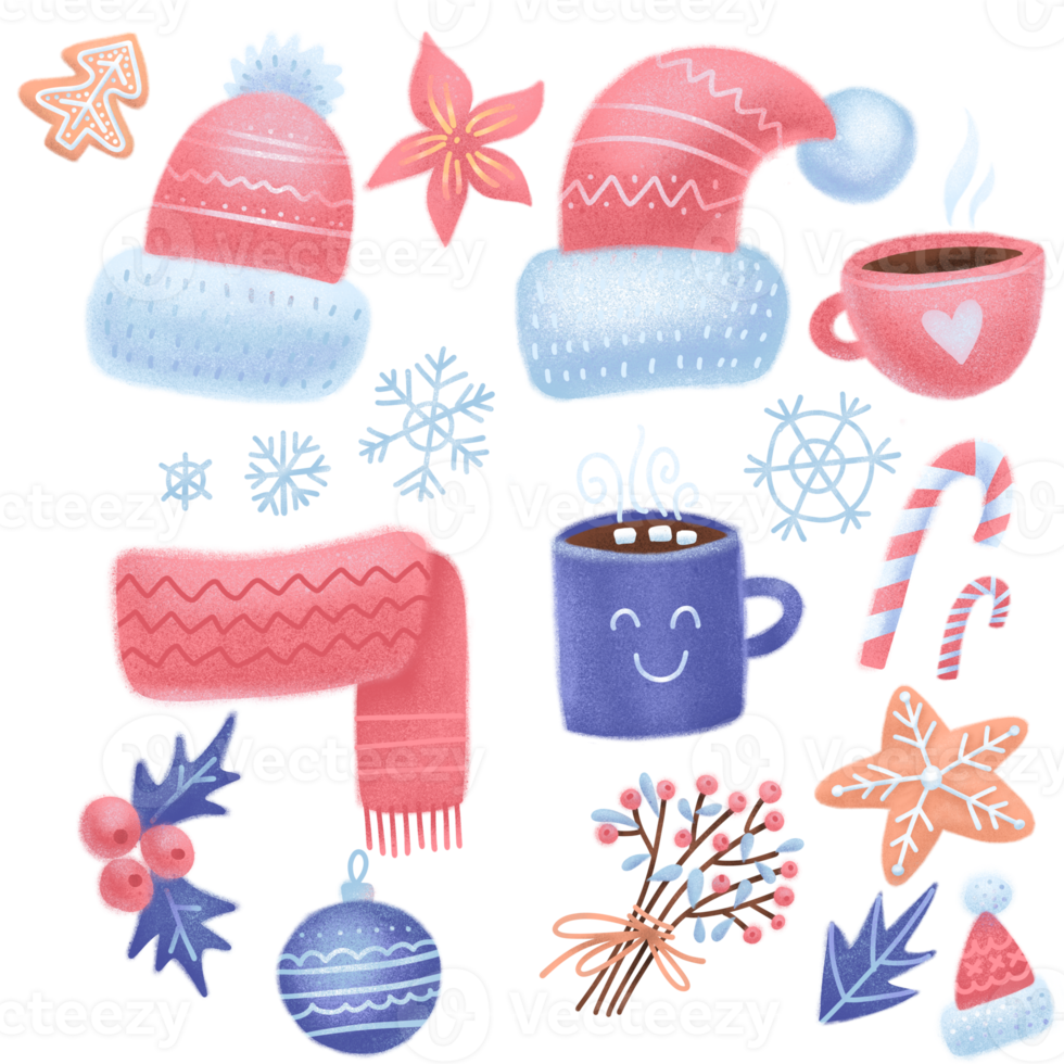 Set of Christmas design elements. Knitted hats, gingerbread , mistletoe, gifts, cup of hot cocoa, baubles. Happy holidays flat objects. Hand-drawn flat illustration. png