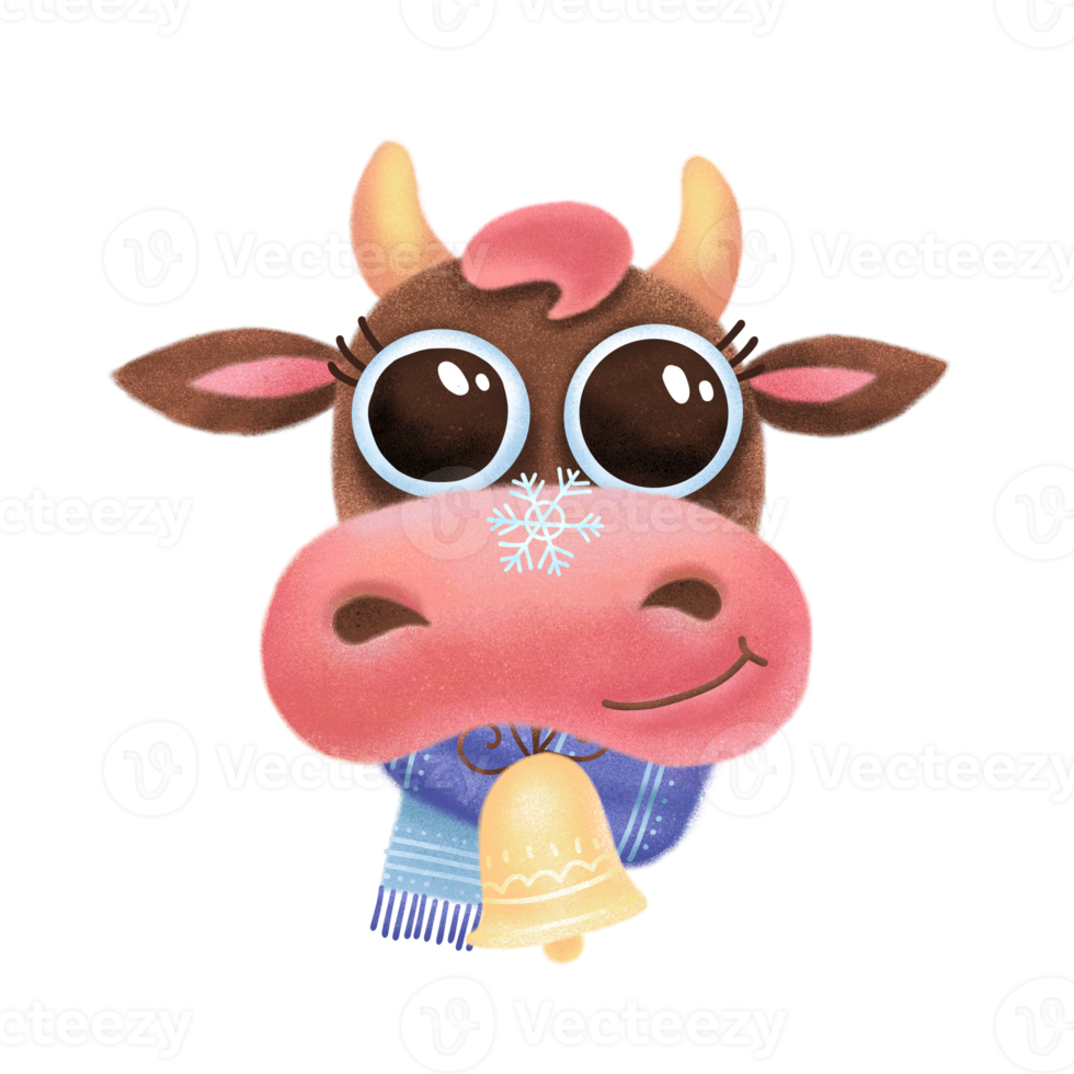 Cute brown cow smiling face with big eyes. 3d textured cartoon design funny farm animal head illustration. Animal of 2021 year. png