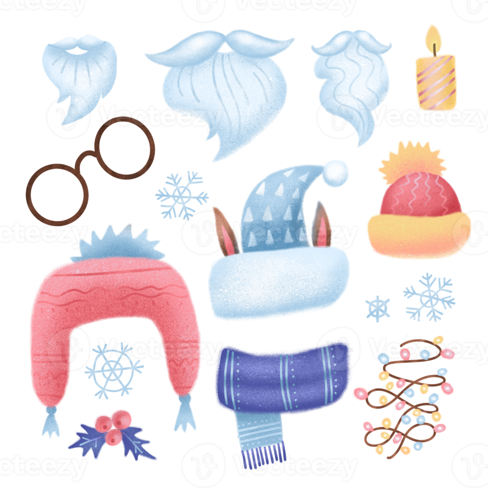 weihnachts-neujahrs-sammlungssatz von einzelteilen. flache illustration auf weißem hintergrund isoliert. Weihnachtsmann-Stimmungselemente. Weihnachtsgesichterbauer mit Bart, Hut, Schnurrbart, Tasse, Brille png