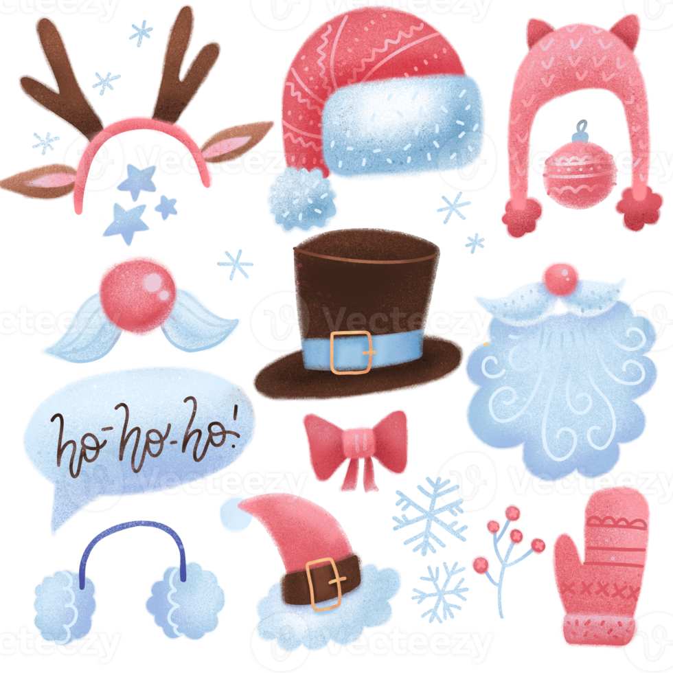 Constructor of christmas character face. Reindeer antlers, hats, mustache, beard, cap to create a face of Santa Claus. Easy to make your Santa person. Humor Christmas,new year. Flat set png